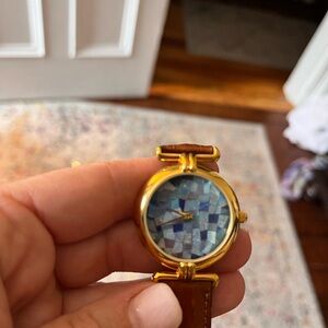 Vintage Fossil Gold and Blue Checkered Watch